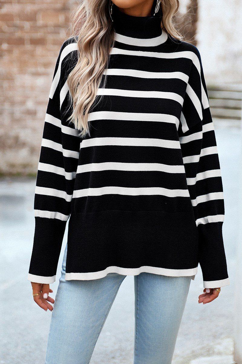 HIGH NECK STRIPE PATTERNED OVERSIZED PULLOVER