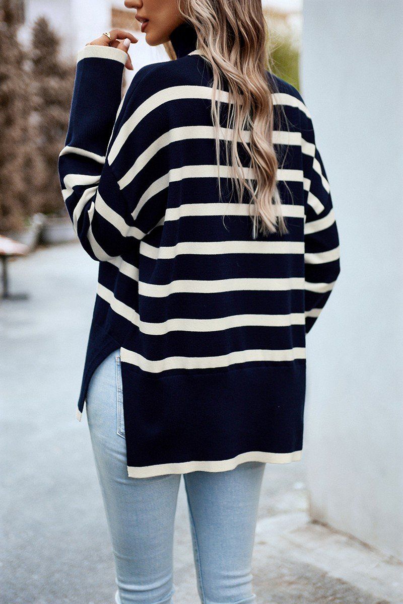 HIGH NECK STRIPE PATTERNED OVERSIZED PULLOVER