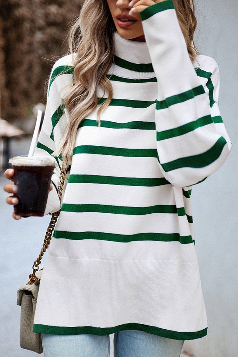 HIGH NECK STRIPE PATTERNED OVERSIZED PULLOVER