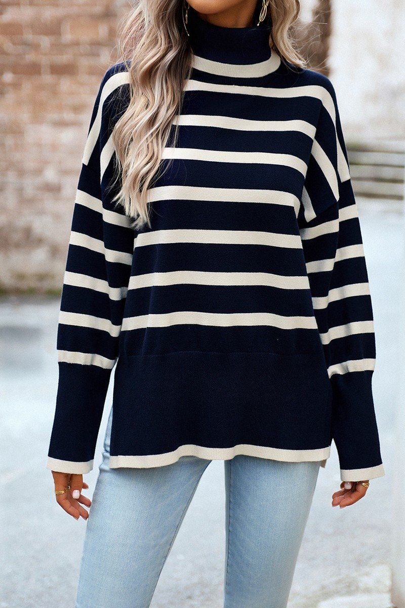 HIGH NECK STRIPE PATTERNED OVERSIZED PULLOVER