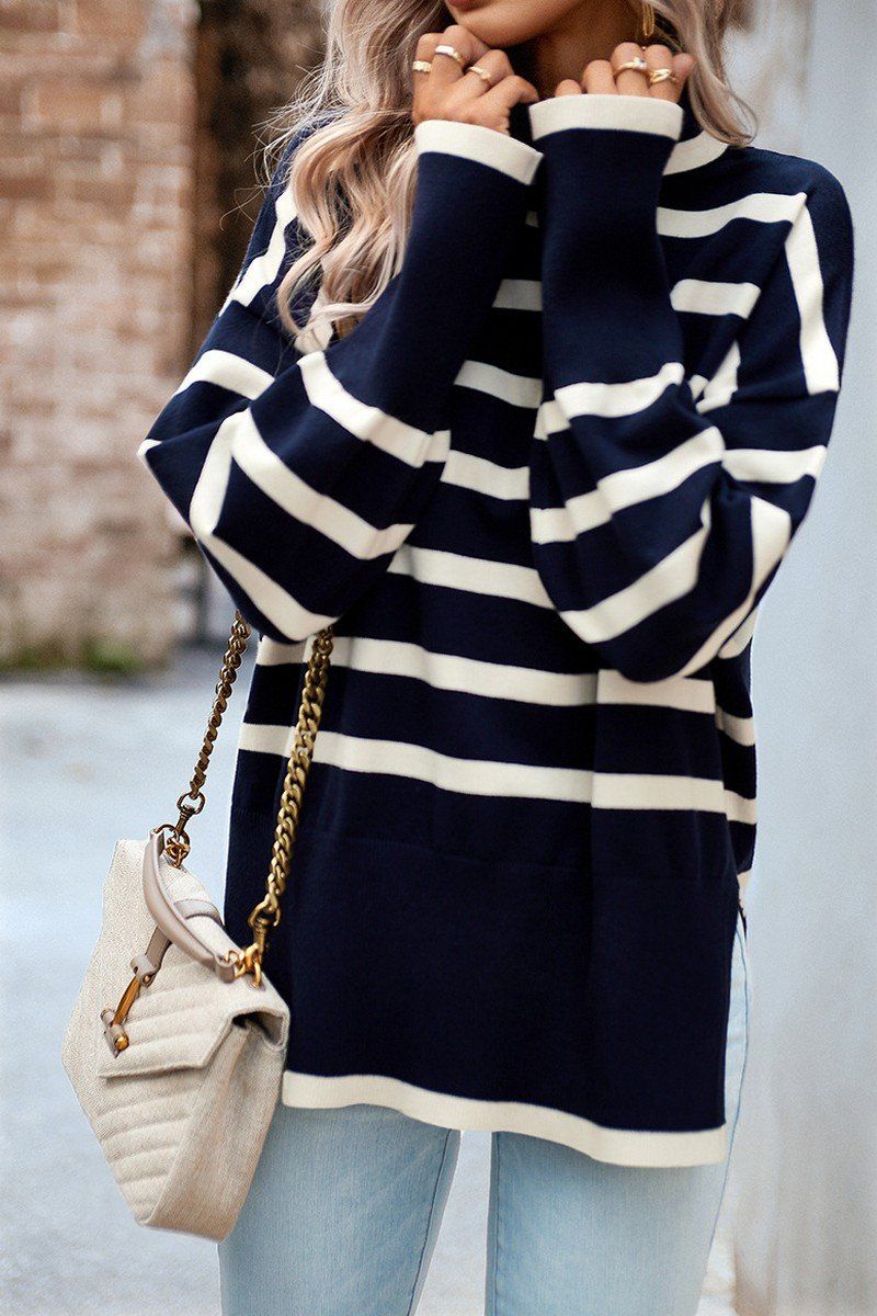 HIGH NECK STRIPE PATTERNED OVERSIZED PULLOVER