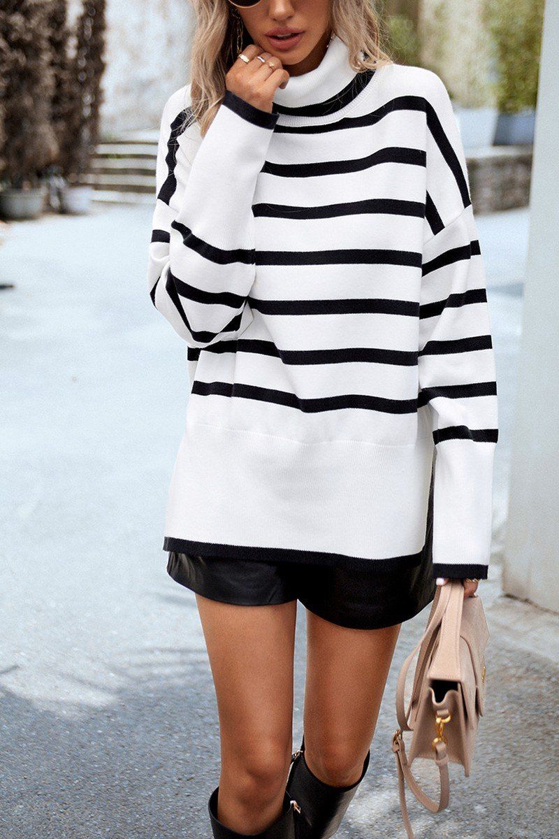 HIGH NECK STRIPE PATTERNED OVERSIZED PULLOVER