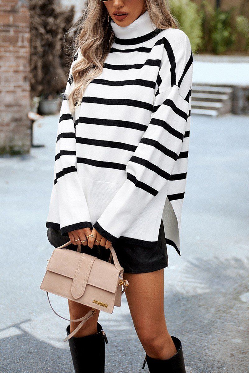 HIGH NECK STRIPE PATTERNED OVERSIZED PULLOVER