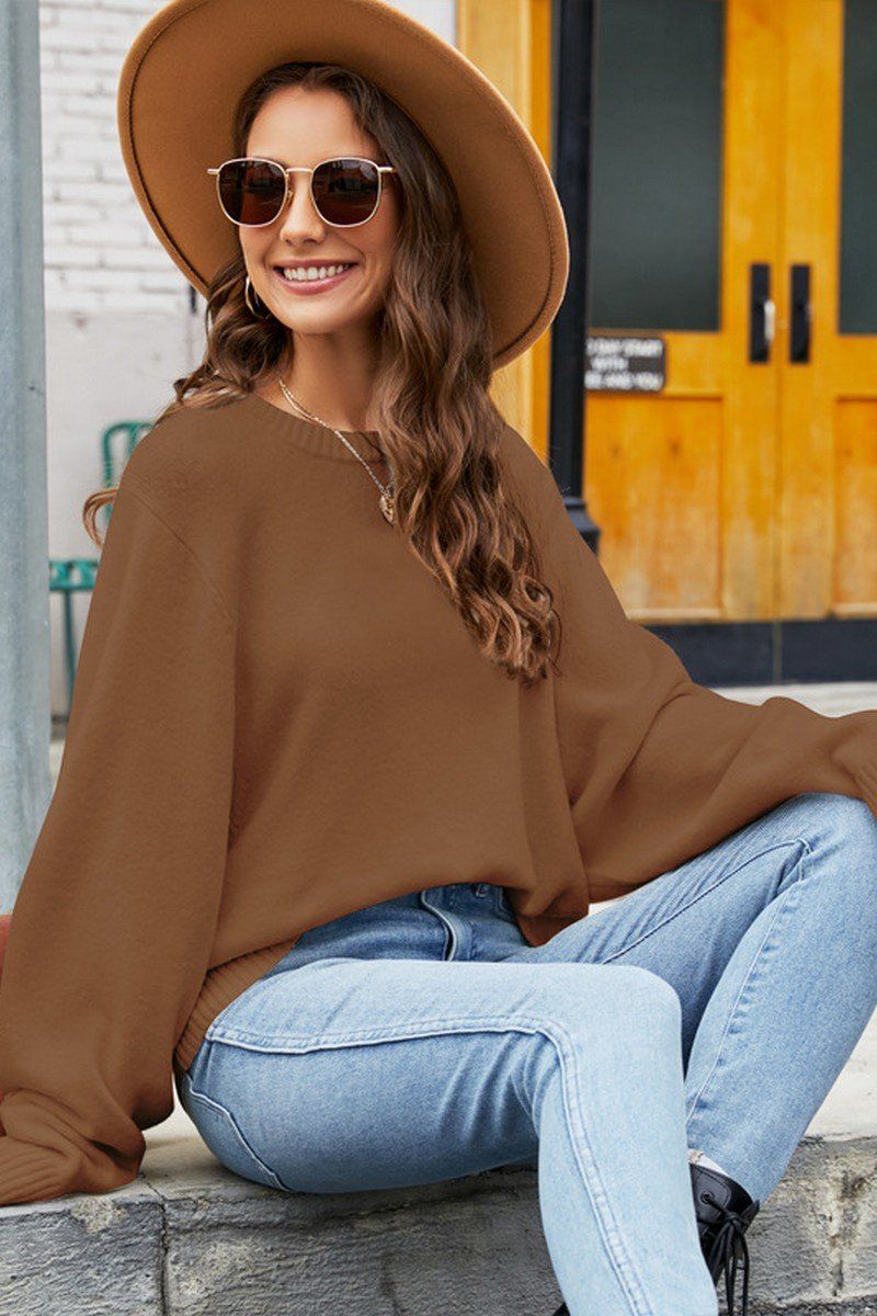 WOMEN RIBBED OVERSIZED LOOSE FIT PULLOVER TOP