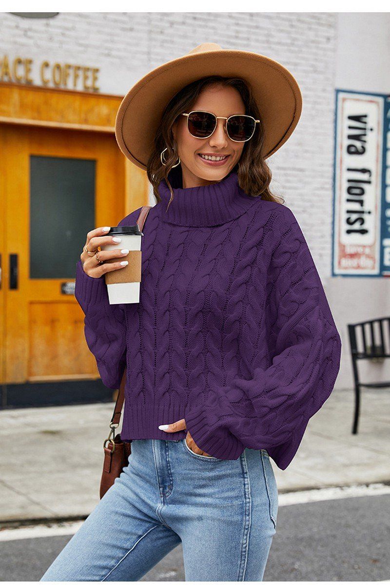 WOMEN TWIST CHUNKY CABLE KNIT TURTLE NECK SWEATER