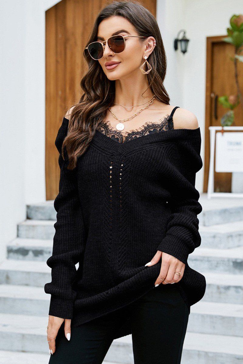 WOMEN LACE TRIM INNER LAYERED EYELET KNIT DRESS