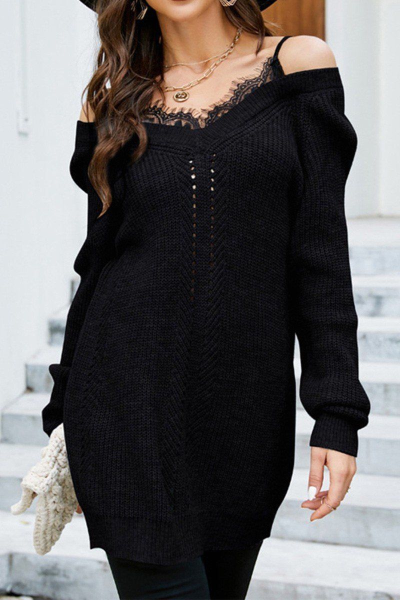 WOMEN LACE TRIM INNER LAYERED EYELET KNIT DRESS