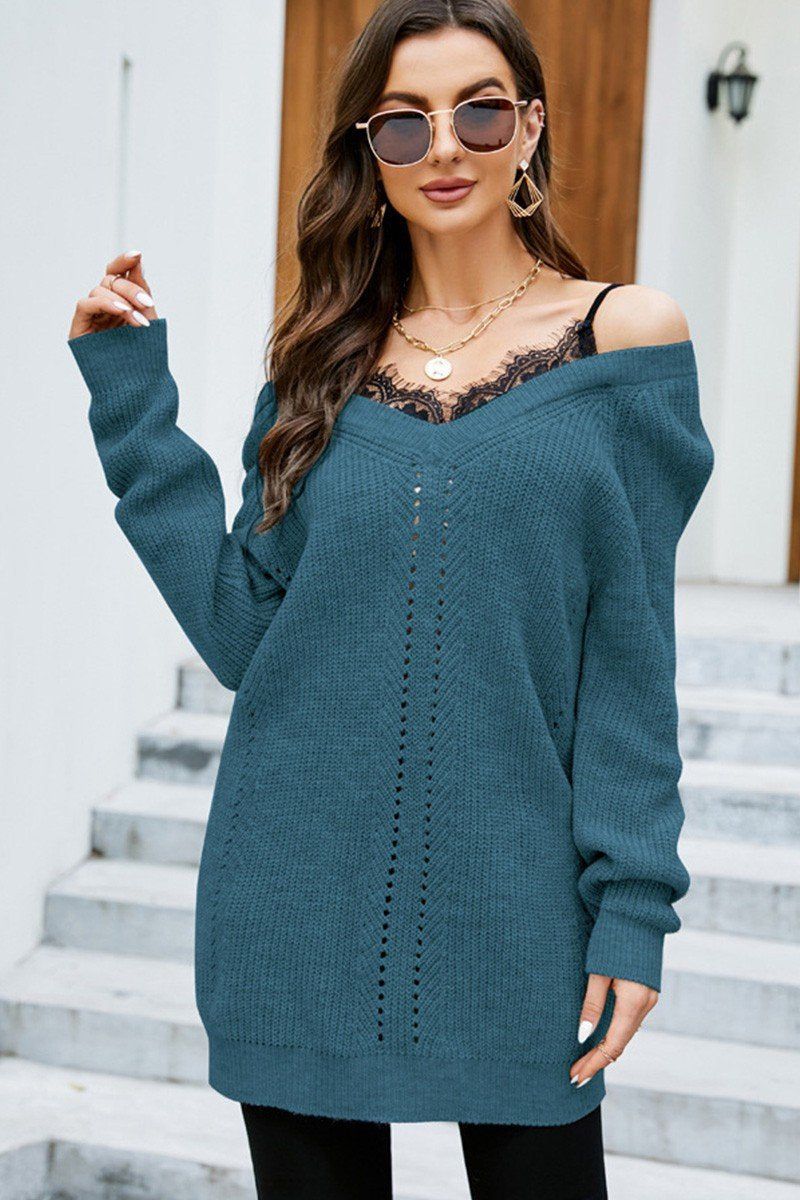 WOMEN LACE TRIM INNER LAYERED EYELET KNIT DRESS