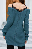 WOMEN LACE TRIM INNER LAYERED EYELET KNIT DRESS