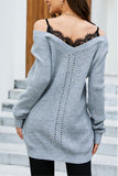 WOMEN LACE TRIM INNER LAYERED EYELET KNIT DRESS