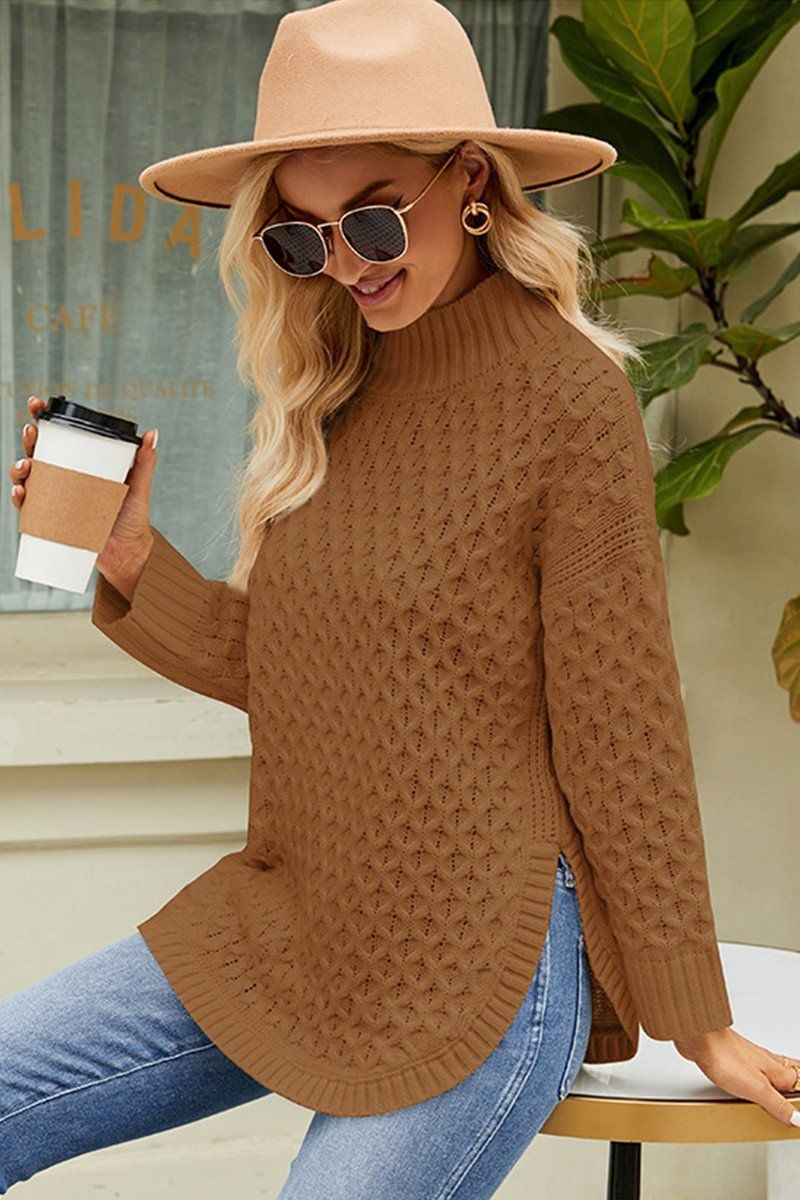 WOMEN HIGH NECK FISHERMAN CABLE KNIT SWEATER