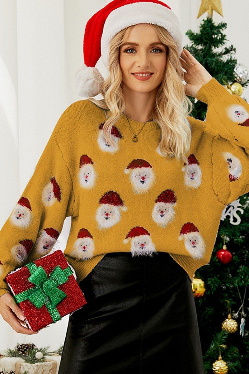 WOMEN FURRY CHRISTMAS SANTA PRINTING KNIT SWEATER