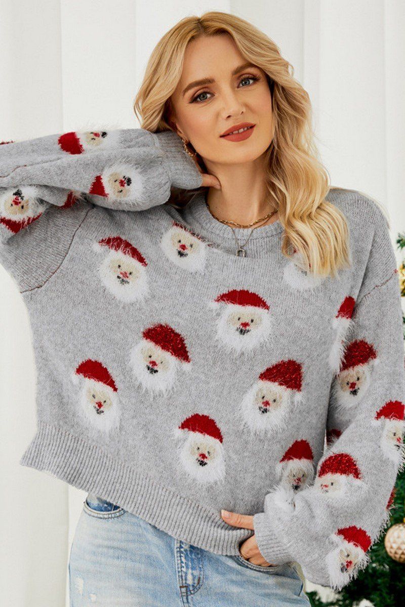 WOMEN FURRY CHRISTMAS SANTA PRINTING KNIT SWEATER