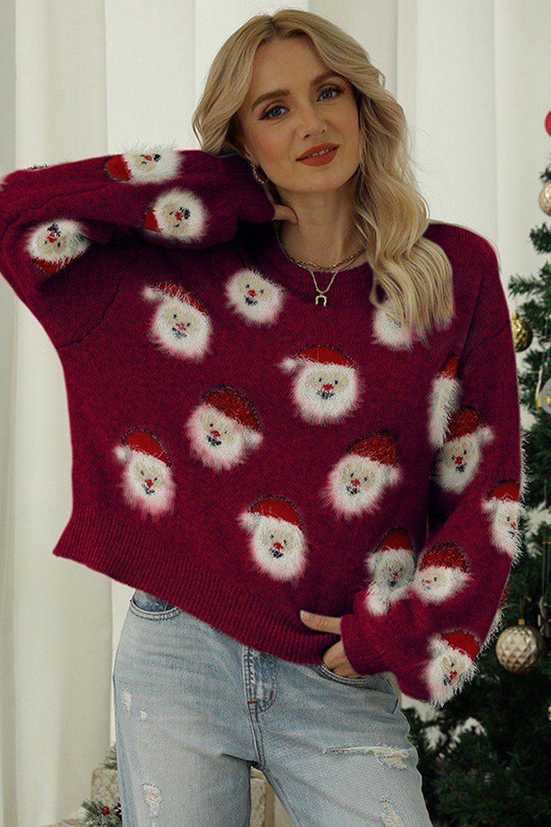 WOMEN FURRY CHRISTMAS SANTA PRINTING KNIT SWEATER