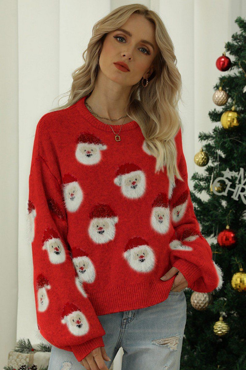 WOMEN FURRY CHRISTMAS SANTA PRINTING KNIT SWEATER