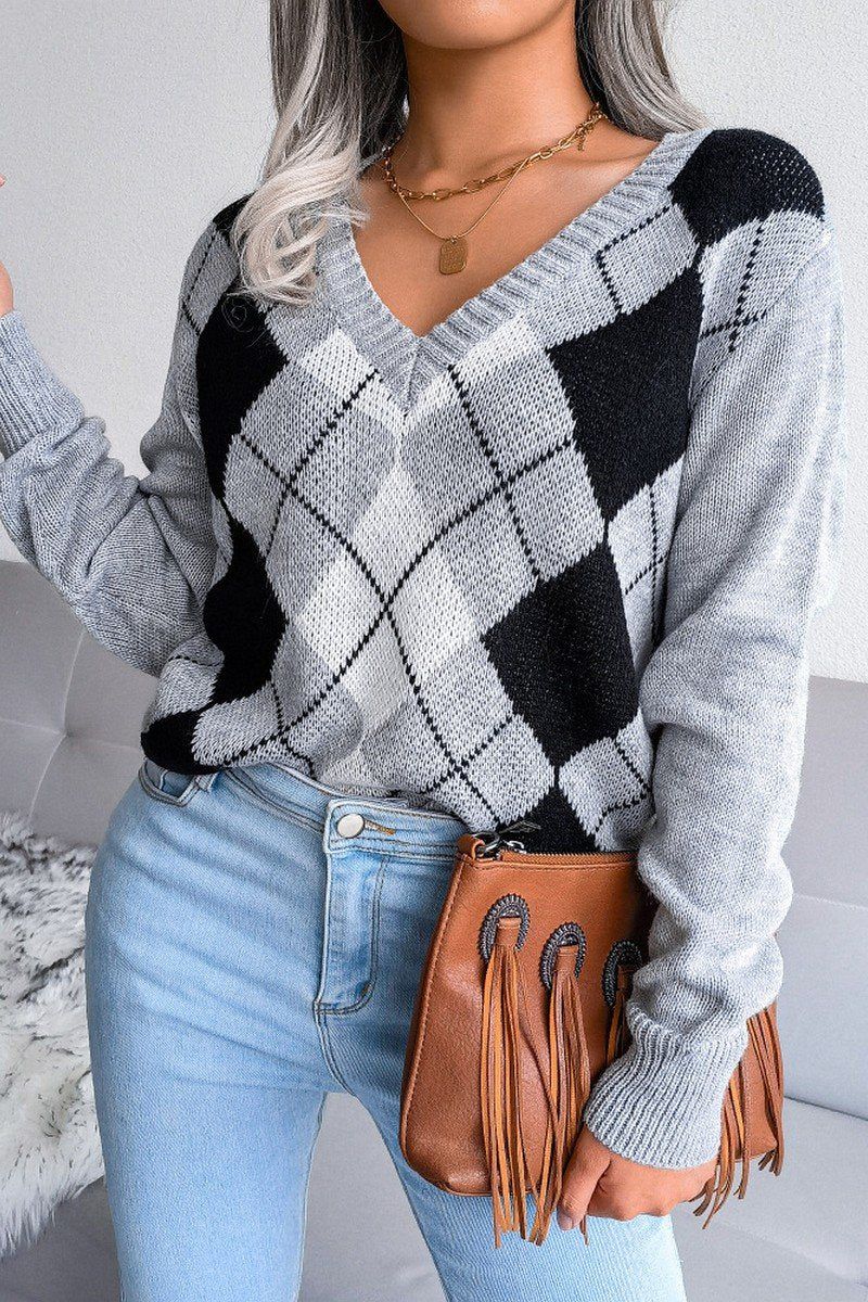 PLAID PATTERN RIBBED V NECK LOOSE FIT SWEATER