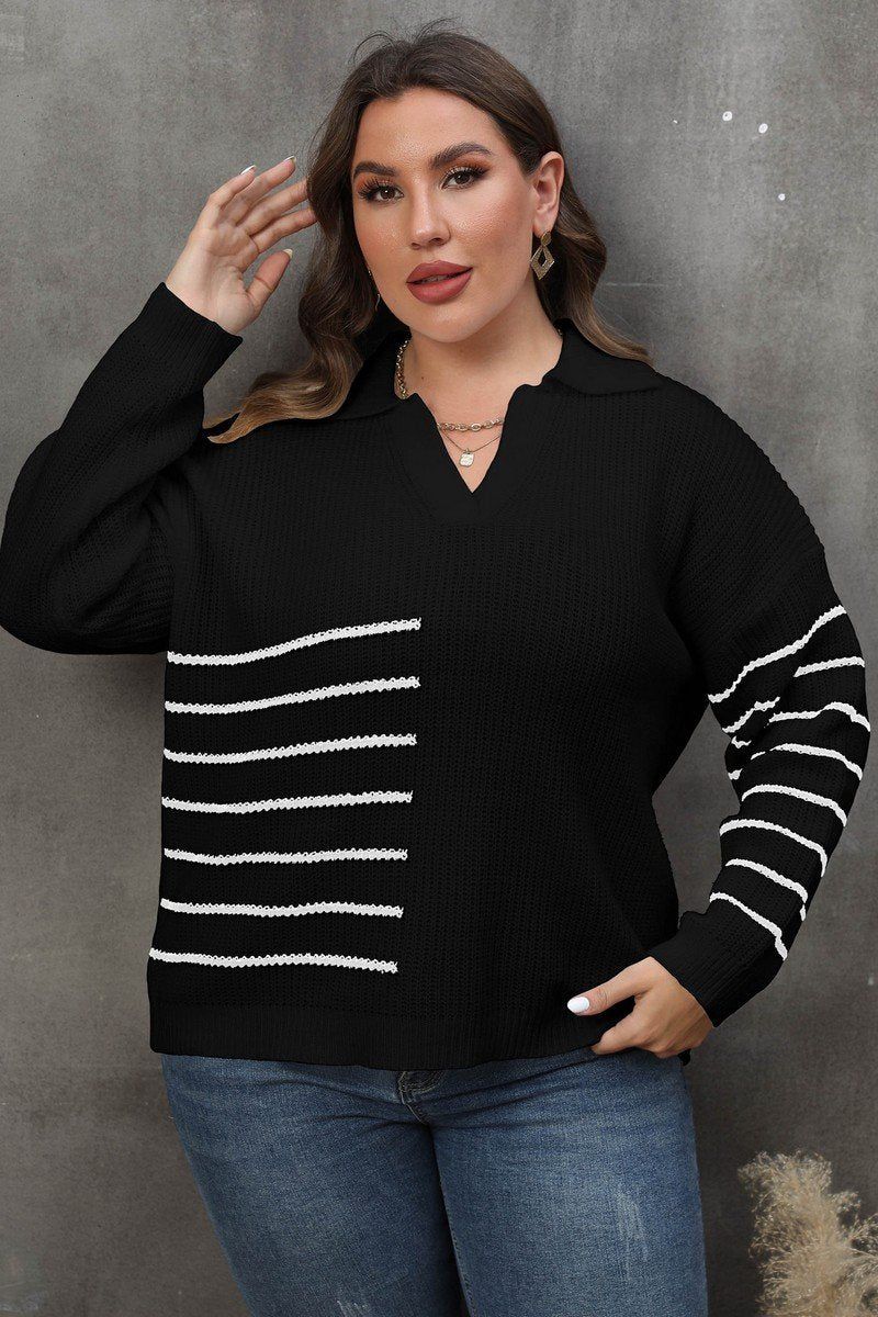 WOMEN PLUS SIZE STRIPE PATTERN KNIT SWEATER<br>
100% ACRYLIC