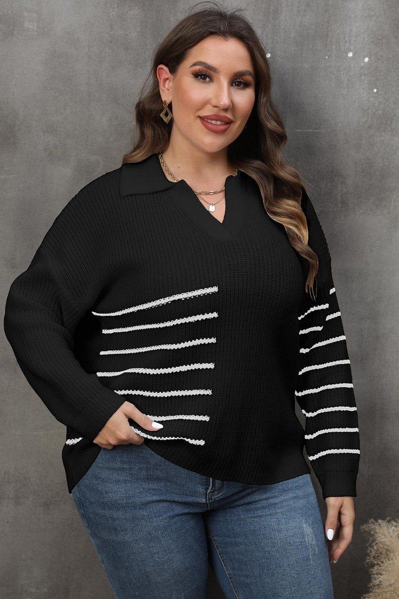 WOMEN PLUS SIZE STRIPE PATTERN KNIT SWEATER<br>
100% ACRYLIC