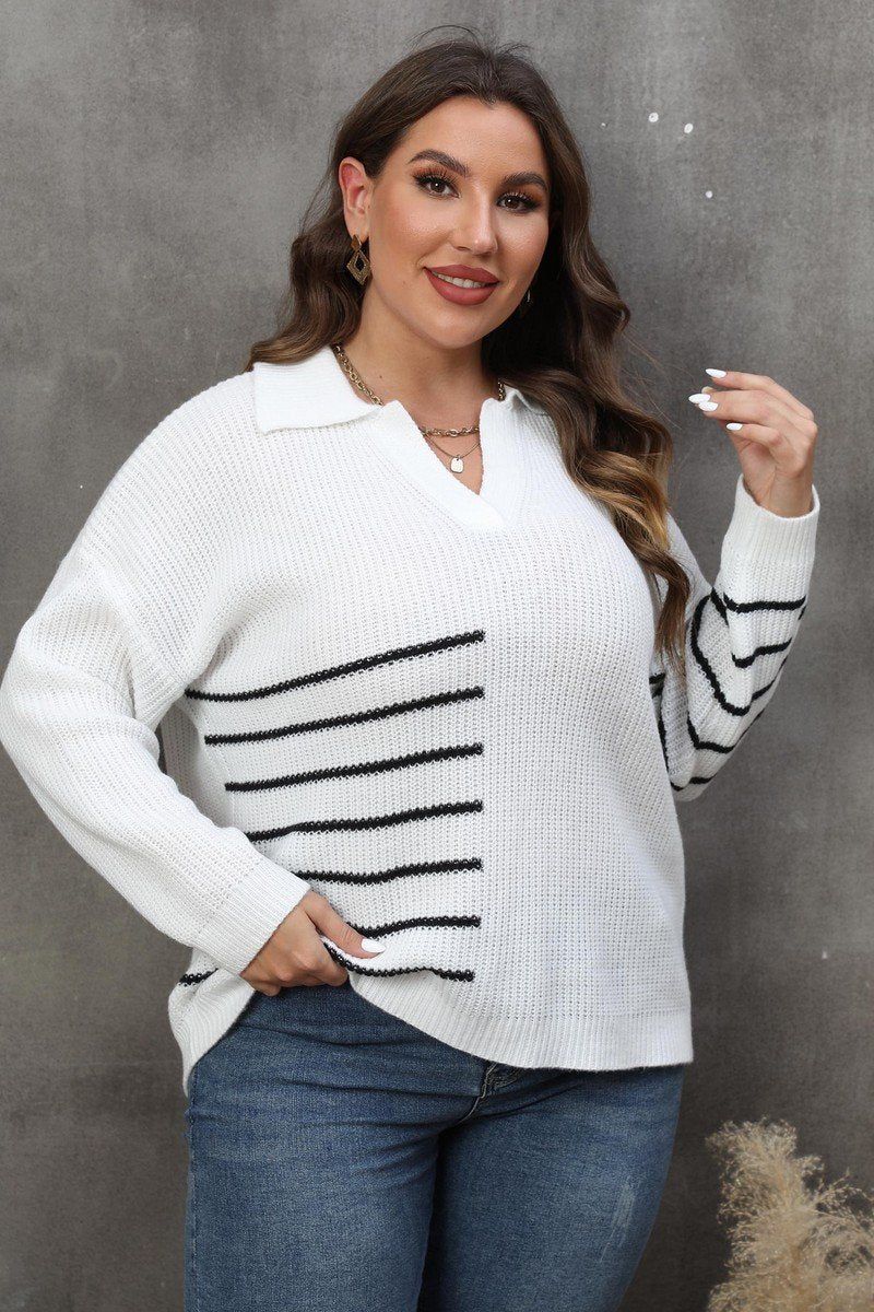 WOMEN PLUS SIZE STRIPE PATTERN KNIT SWEATER<br>
100% ACRYLIC