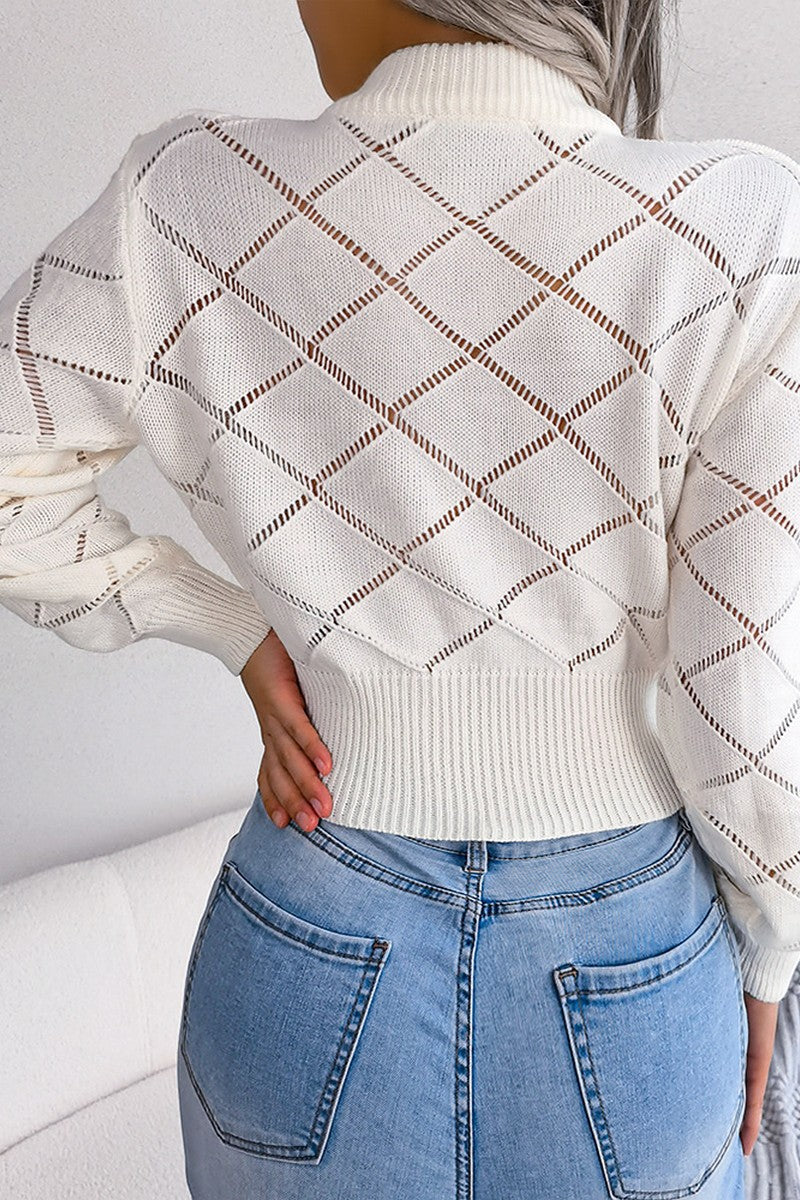 RIBBED HIGH NECK LACE SHORT LENGTH CROP SWEATER