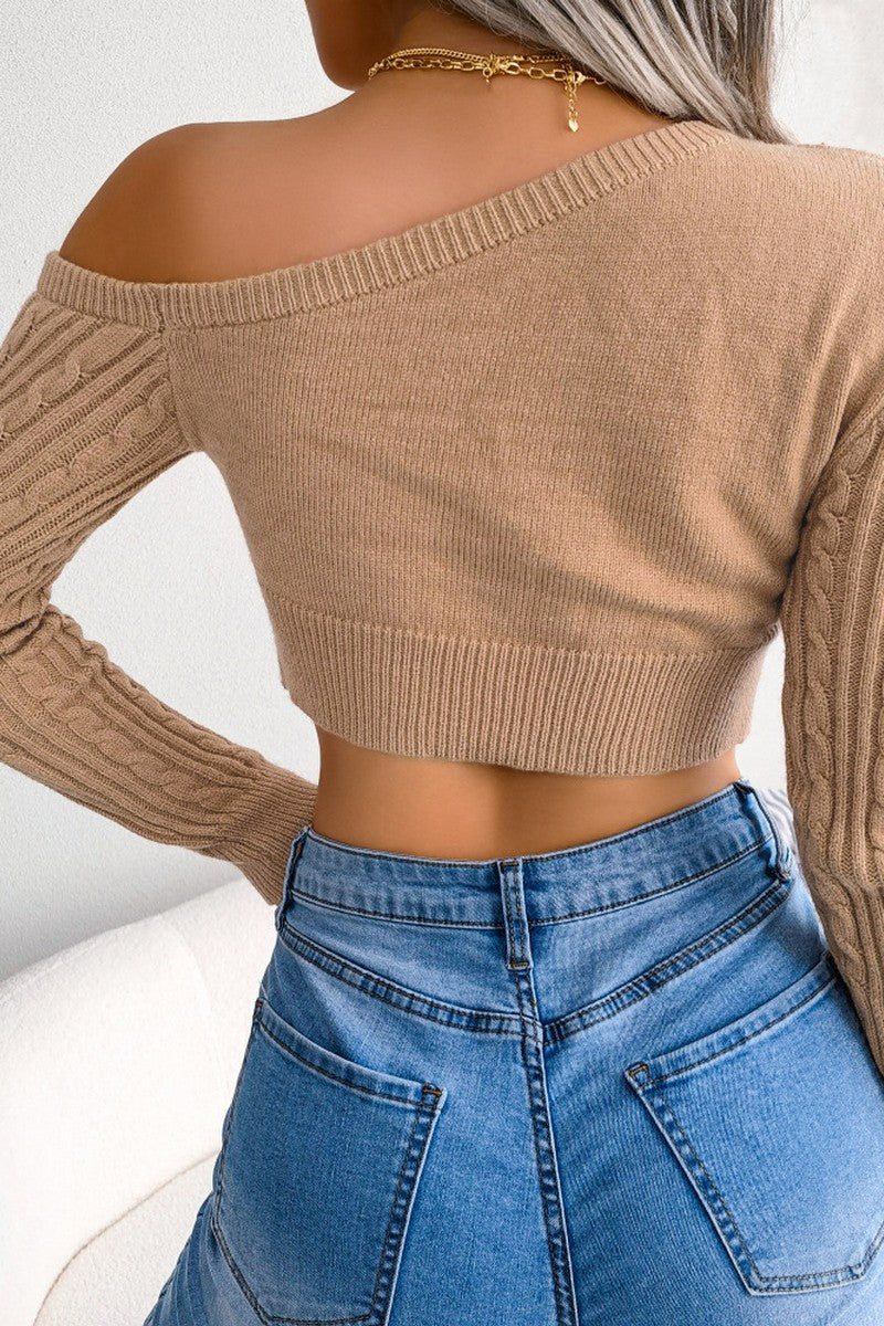 TWISTED CABLE KNIT ONE OFF SHOULDER CROP SWEATER