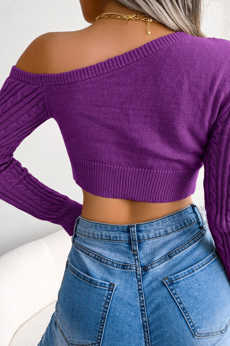TWISTED CABLE KNIT ONE OFF SHOULDER CROP SWEATER