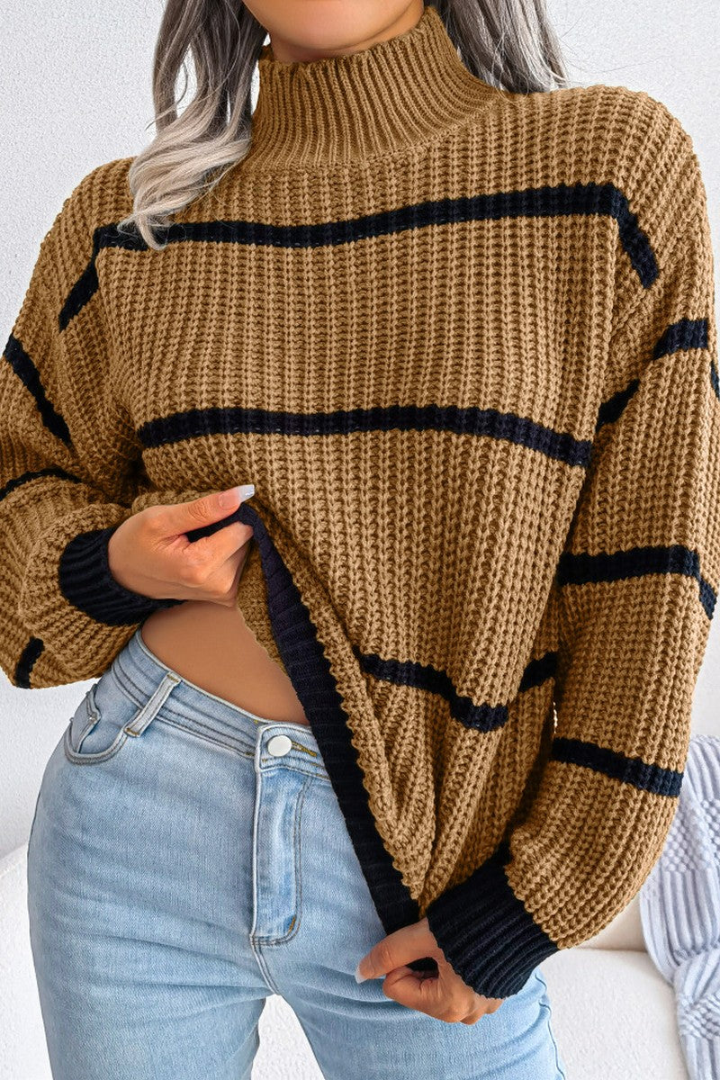 STRIPE PATTERN HIGH NECK FISHERMAN KNIT SWEATER