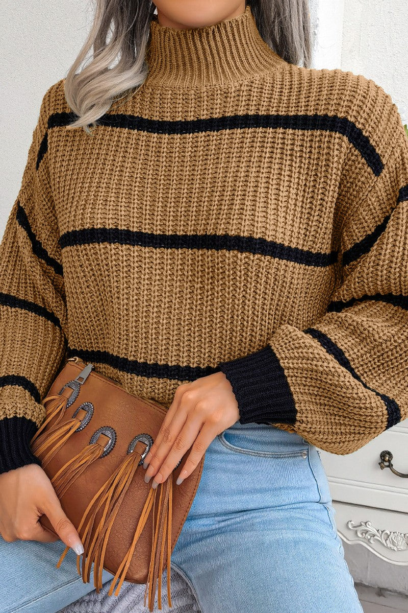 STRIPE PATTERN HIGH NECK FISHERMAN KNIT SWEATER