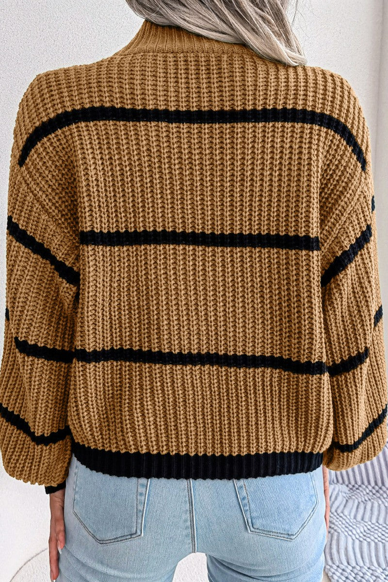 STRIPE PATTERN HIGH NECK FISHERMAN KNIT SWEATER