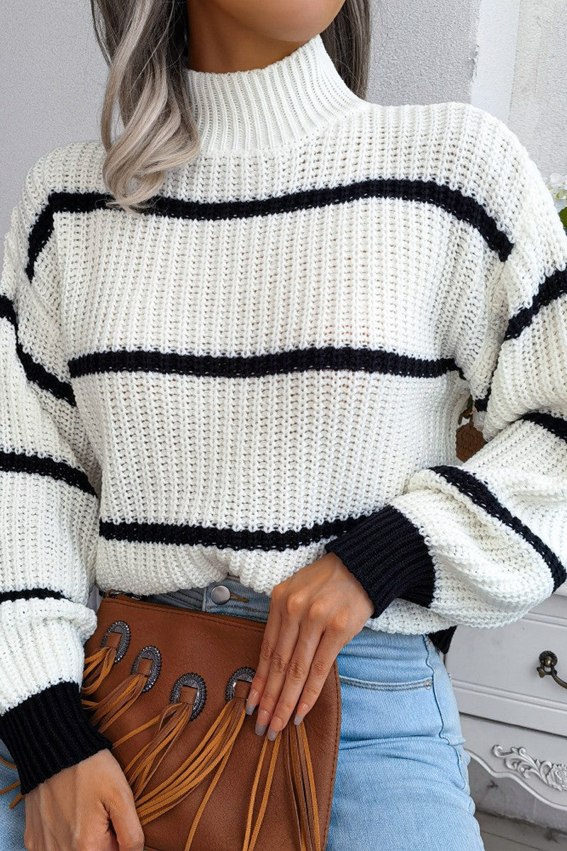 STRIPE PATTERN HIGH NECK FISHERMAN KNIT SWEATER