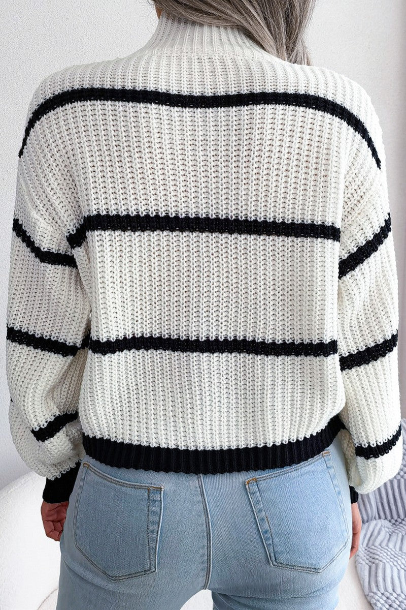 STRIPE PATTERN HIGH NECK FISHERMAN KNIT SWEATER