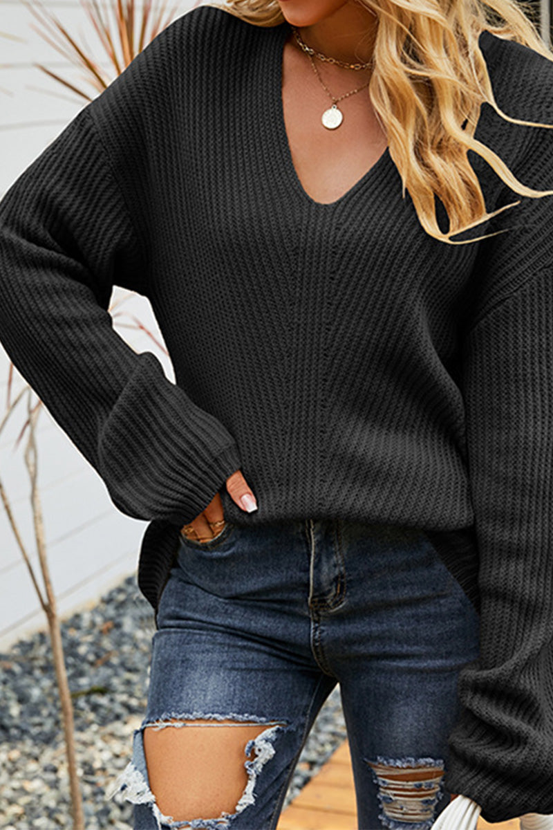 WOMEN OVERSIZED LOOSE FIT V NECK KNIT SWEATER