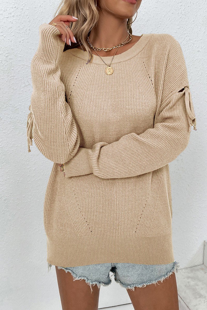 WOMEN LONG SLEEVE ROUND NECK TASSEL SWEATER