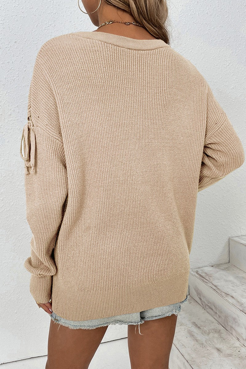 WOMEN LONG SLEEVE ROUND NECK TASSEL SWEATER