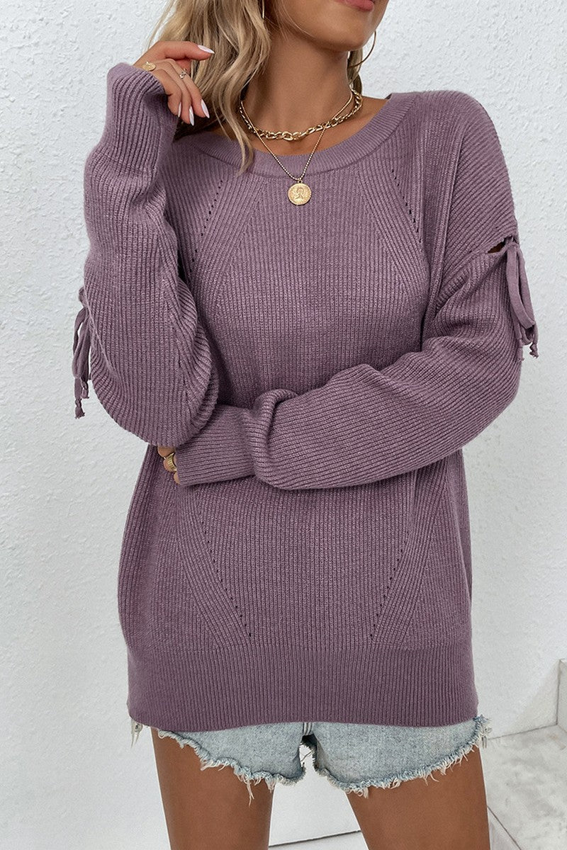 WOMEN LONG SLEEVE ROUND NECK TASSEL SWEATER