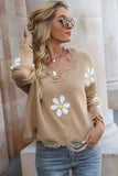 WOMEN VINTAGE DISTRESSED FLOWER PRINTNG SWEATER