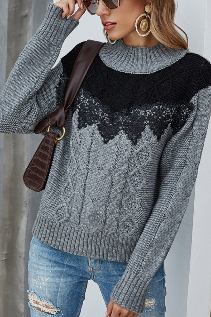 WOMEN COLOR BLOCK LACE TRIM HIGH NECK SWEATER