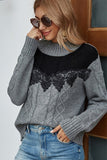 WOMEN COLOR BLOCK LACE TRIM HIGH NECK SWEATER