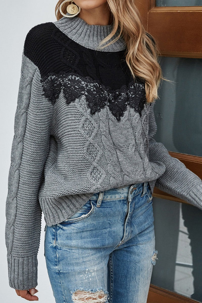 WOMEN COLOR BLOCK LACE TRIM HIGH NECK SWEATER