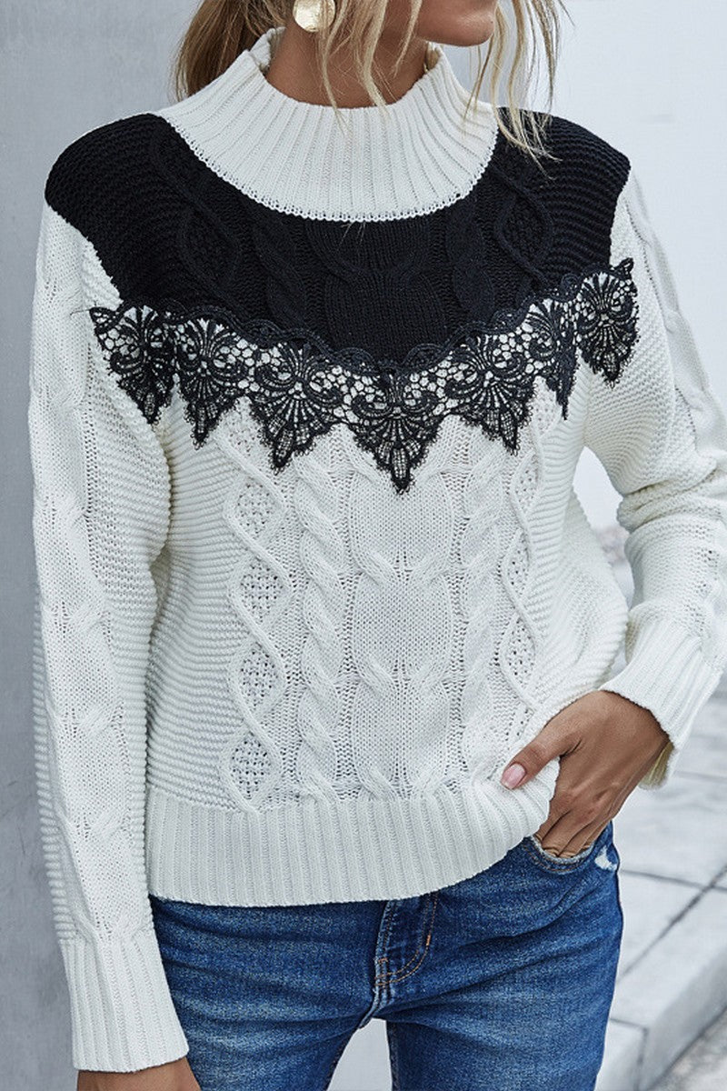 WOMEN COLOR BLOCK LACE TRIM HIGH NECK SWEATER