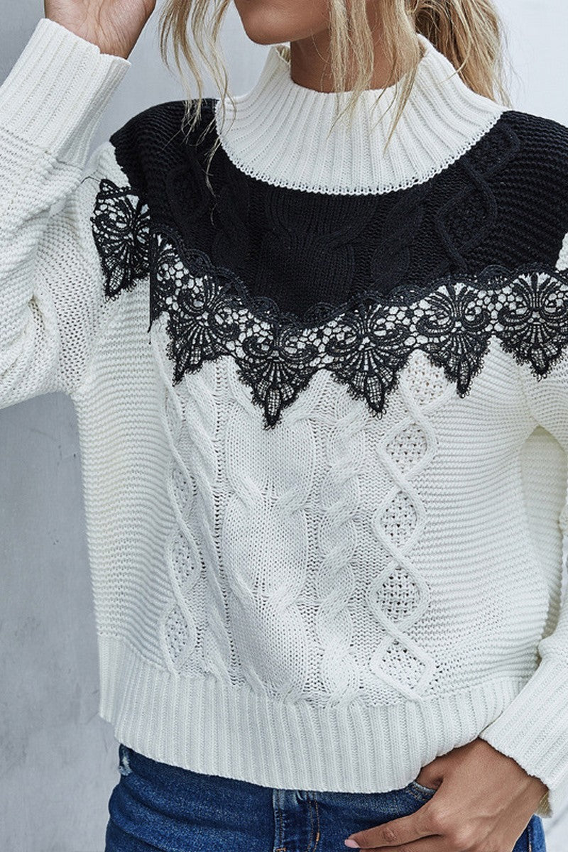 WOMEN COLOR BLOCK LACE TRIM HIGH NECK SWEATER