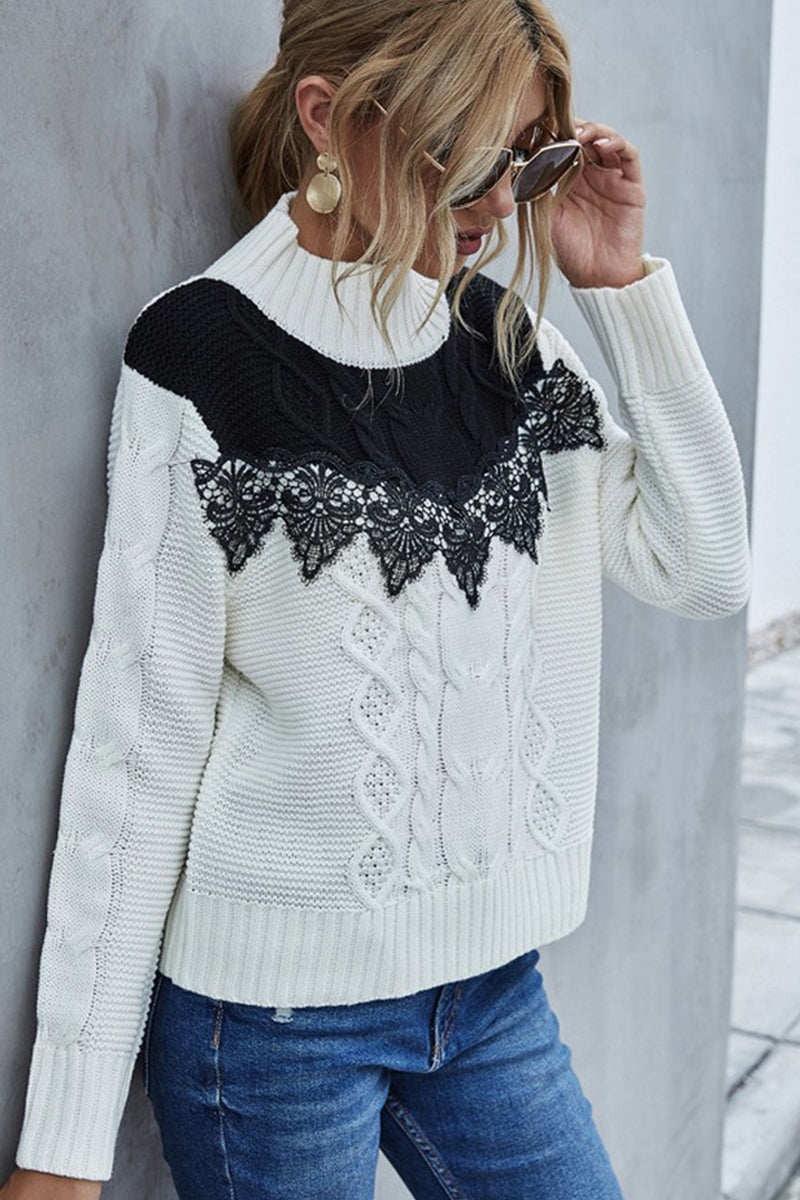 WOMEN COLOR BLOCK LACE TRIM HIGH NECK SWEATER