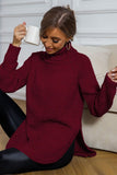 WOMEN WAFFLE KNIT TURTLE NECK SIDE SLIT SWEATER