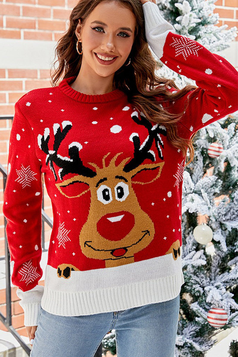 WOMEN LONG SLEEVE DEER PRINTING WINTER SWEATER