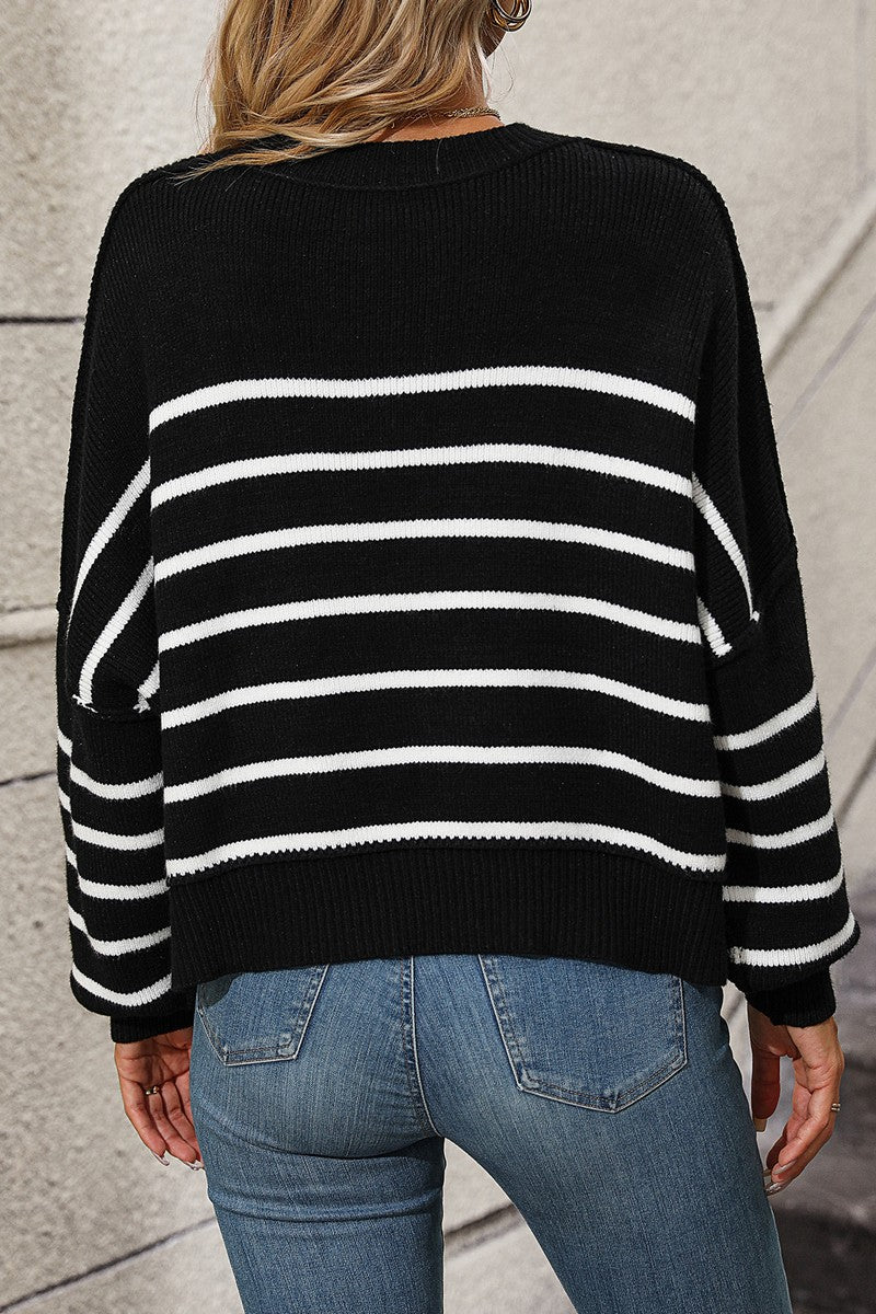 WOMEN STRIPE PATTERN RIBBED KNIT JUMPER TOP