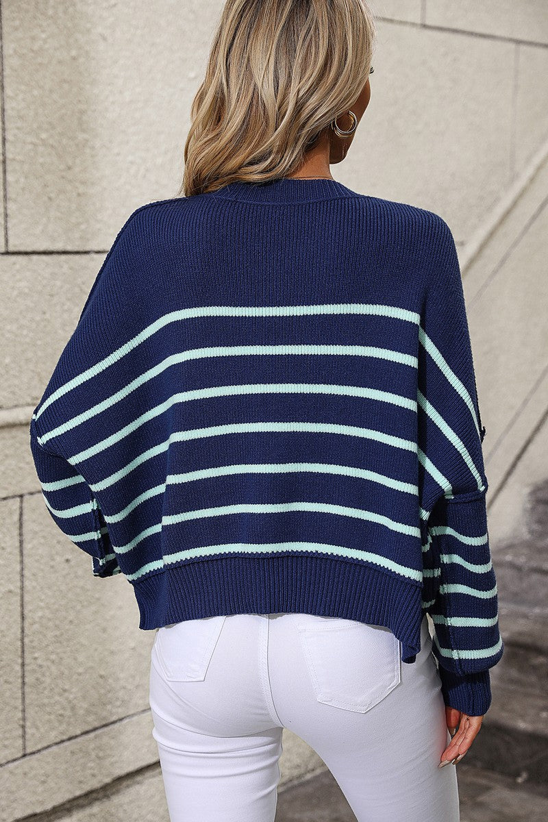 WOMEN STRIPE PATTERN RIBBED KNIT JUMPER TOP