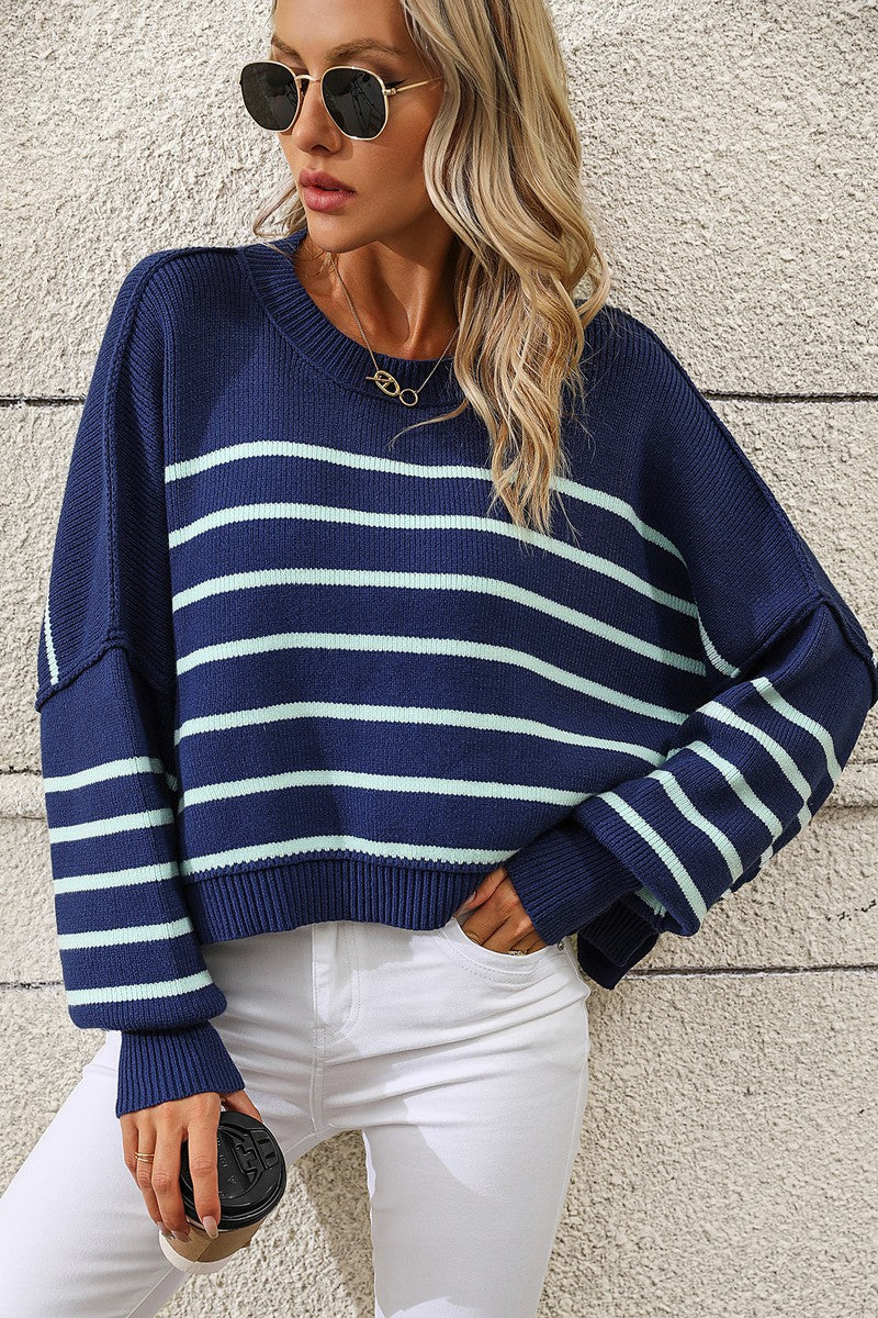 WOMEN STRIPE PATTERN RIBBED KNIT JUMPER TOP