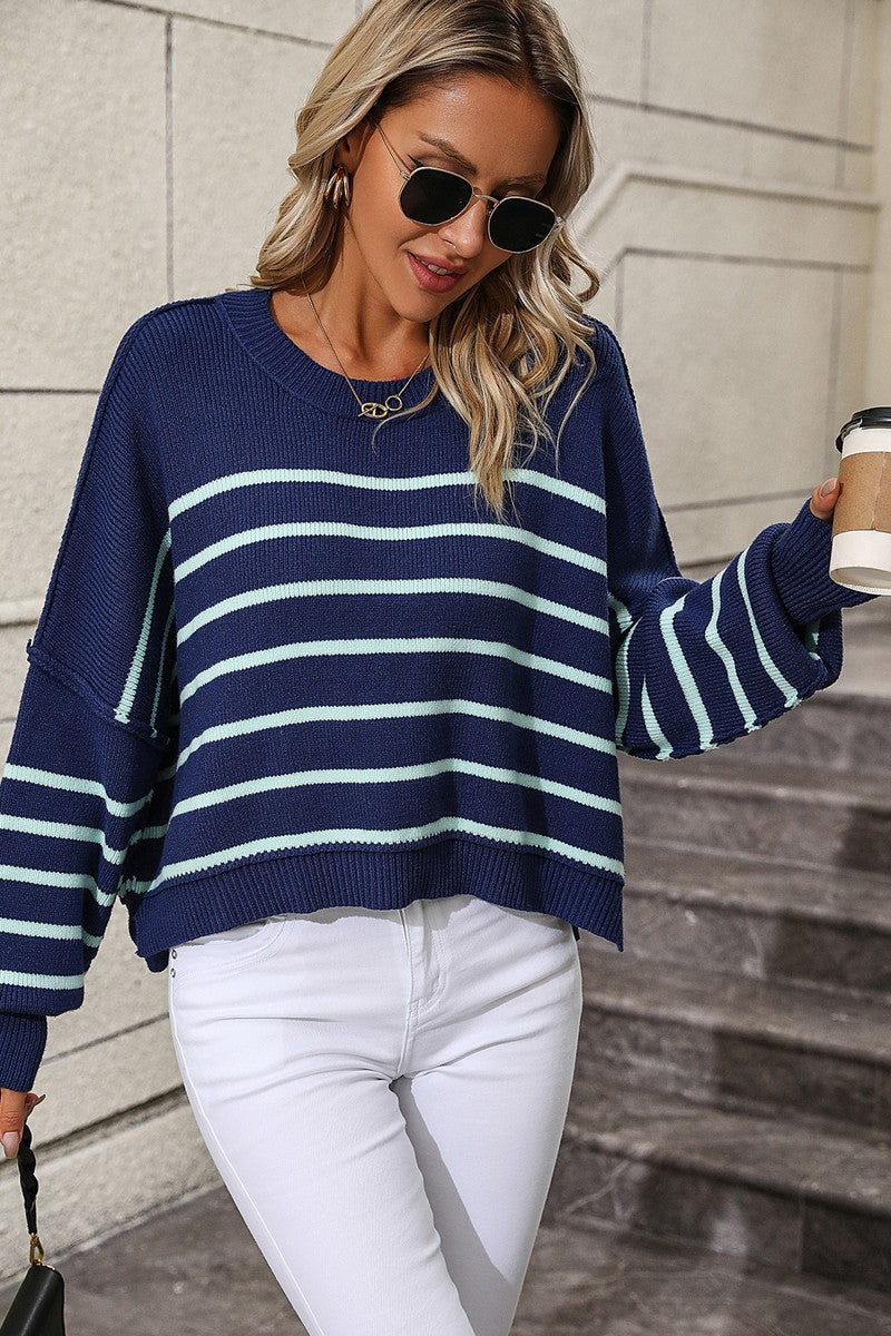 WOMEN STRIPE PATTERN RIBBED KNIT JUMPER TOP