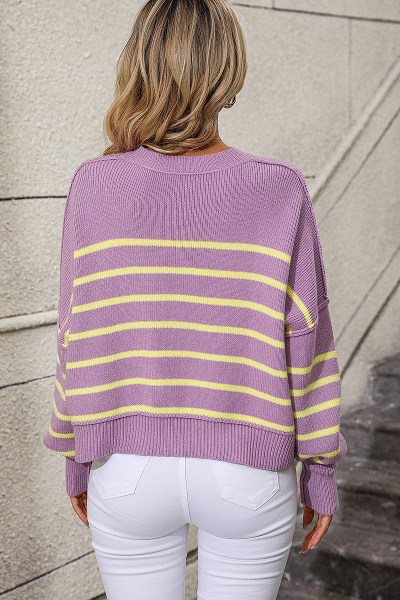 WOMEN STRIPE PATTERN RIBBED KNIT JUMPER TOP