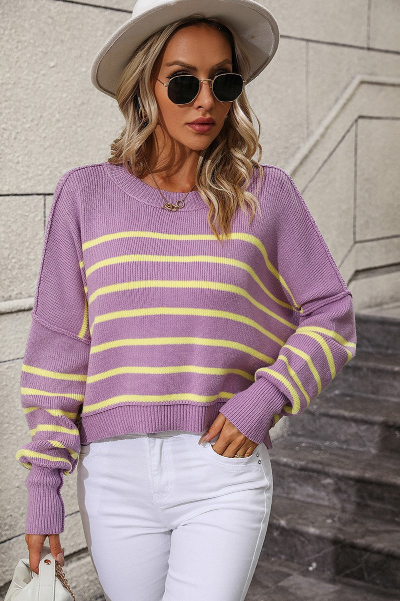 WOMEN STRIPE PATTERN RIBBED KNIT JUMPER TOP